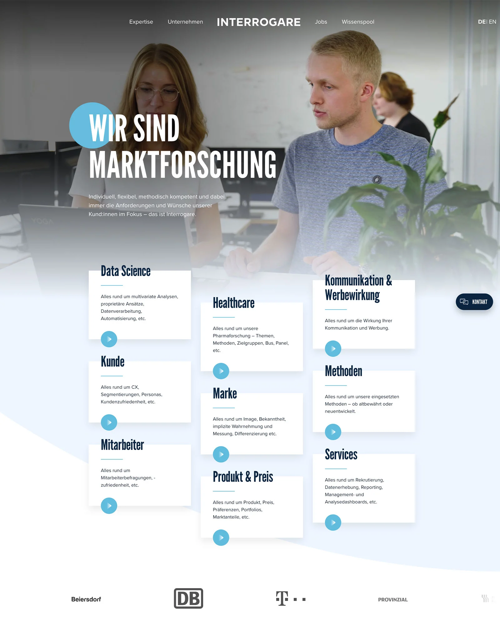 Startseite einer Website für Markt- und Meinungsforschung mit Fokus auf Data Science, Healthcare, Kommunikation, Kunde, Mitarbeiter, Marke.