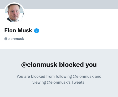 Screenshot von Twitter: @elonmusk hat dich blockiert. „Du kannst @elonmusk nicht folgen oder seine Tweets sehen.