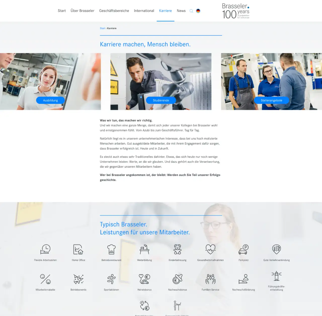Screenshot einer Karriere-Webseite von Brasseler mit Informationen zu Ausbildungs-, Studierenden- und Stellenangeboten.