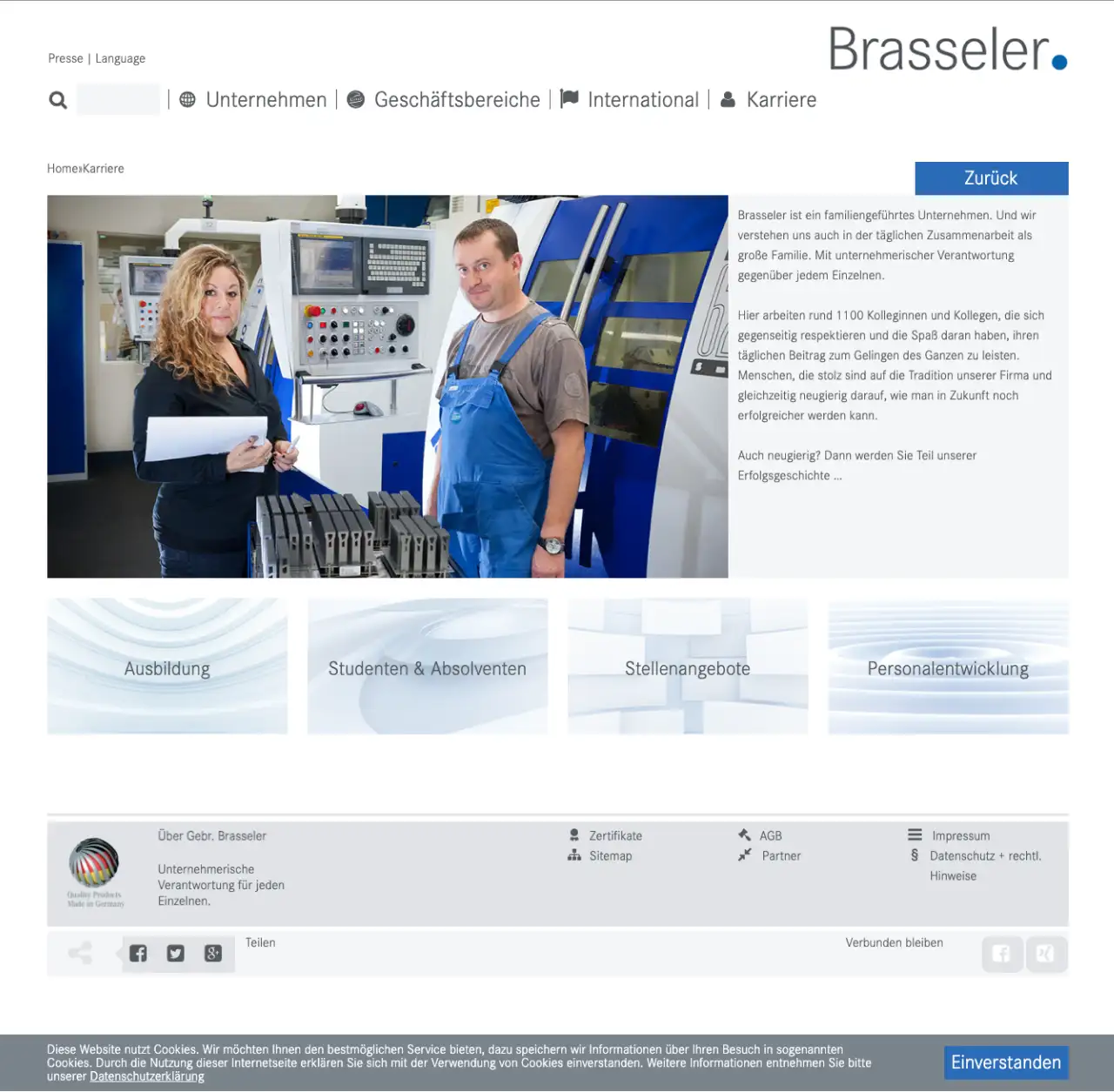 Screenshot einer Unternehmens-Webseite mit Schwerpunkt auf berufliche Karriere, Ausbildung und Stellenausschreibungen bei Brasseler.