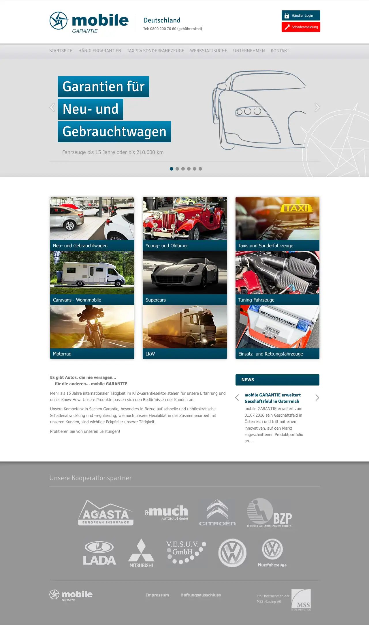 Website-Design und Entwicklung eines KFZ-Garantieanbieters mit spezifischen Abschnitten für verschiedene Fahrzeugtypen und Dienstleistungen.