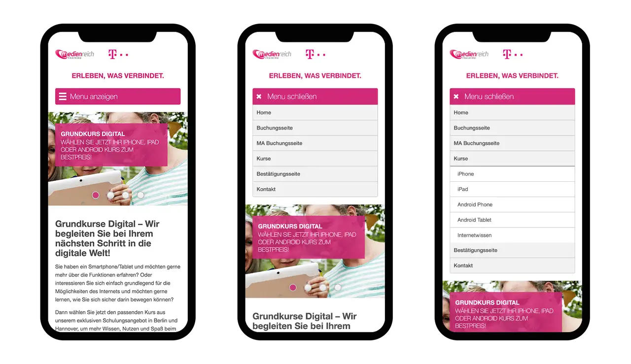 Mobile Ansicht eines digitalen Kurses; Navigation und Kursdetails für iPhone, iPad, Android-Geräte, entwickelt/designt von mir.